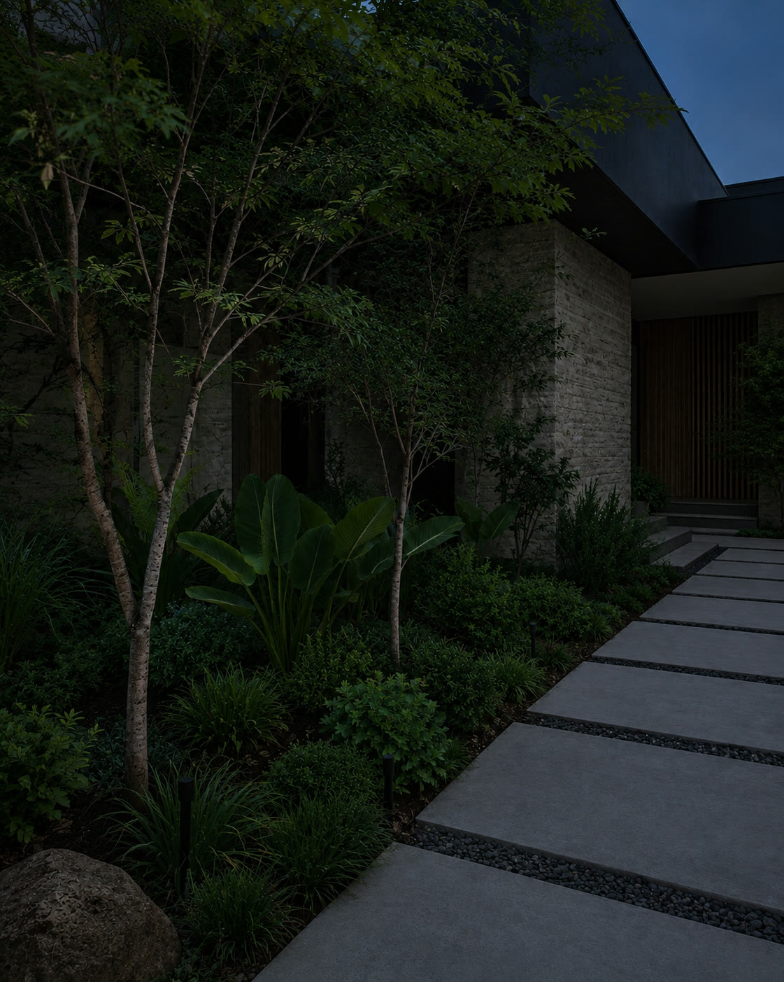Jardim com a iluminação apagada