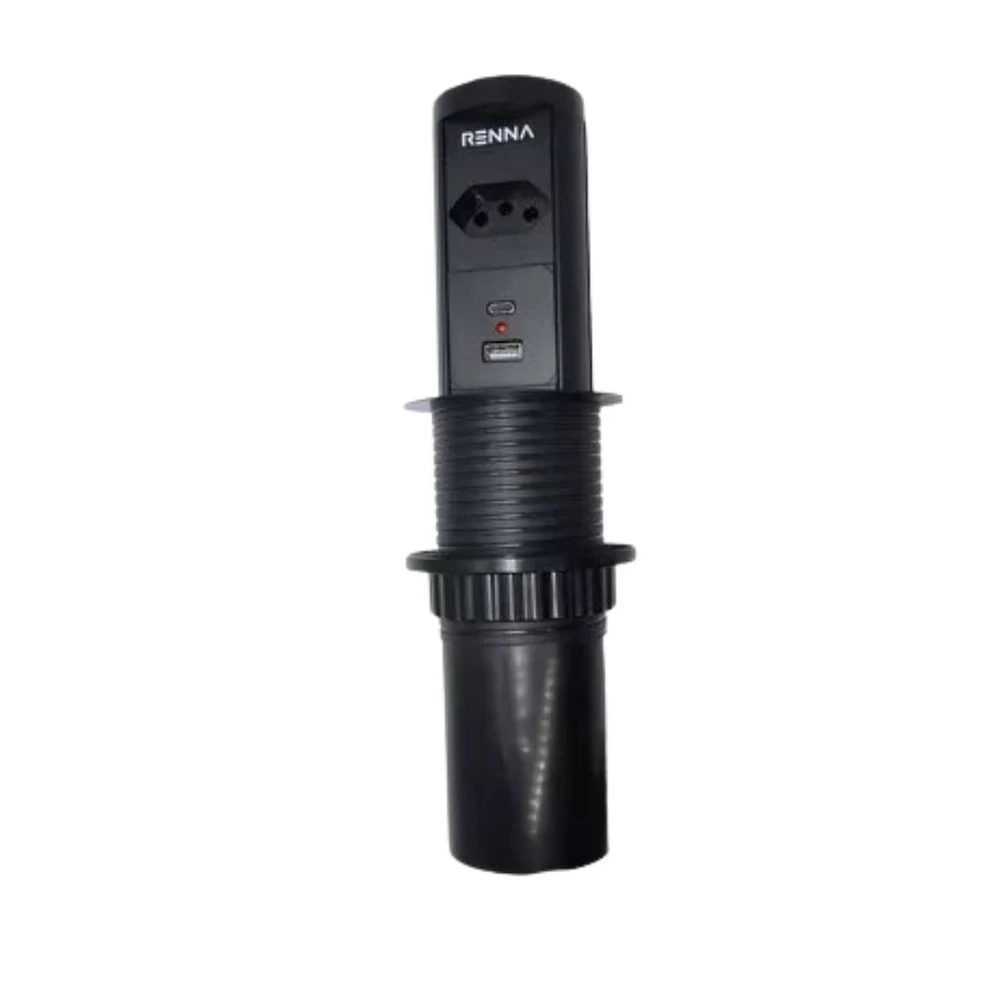 Torre retrátil Renna preta com tomada, USB e carregamento wireless no topo